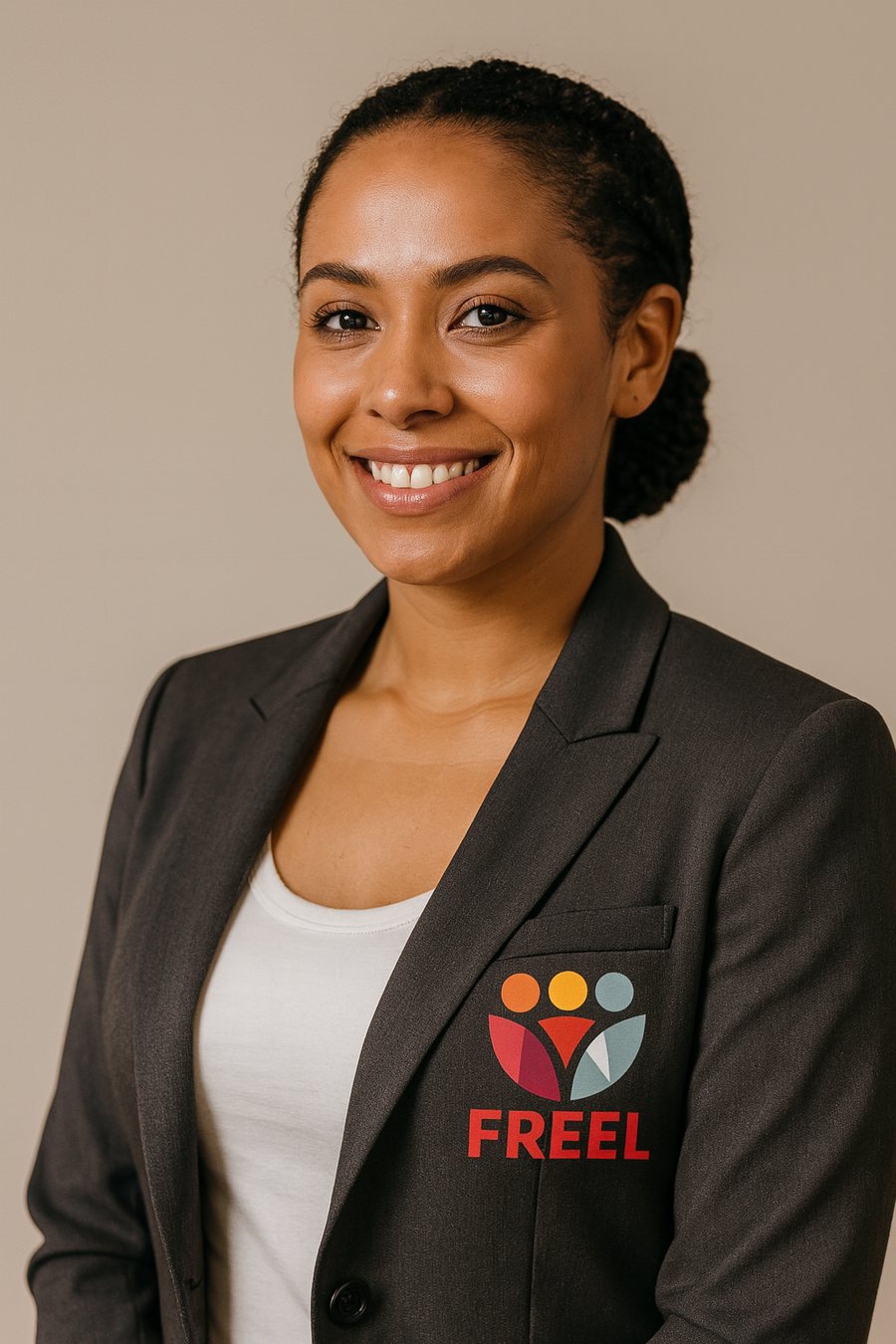 Atendente sorridente com blazer da FREEL