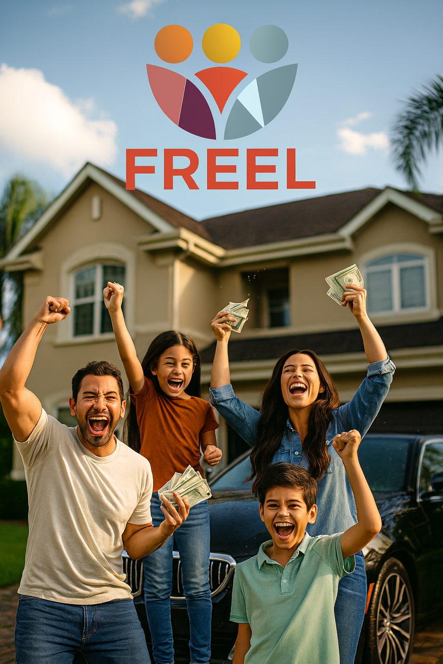 Família comemorando em frente de casa com a marca FREEL