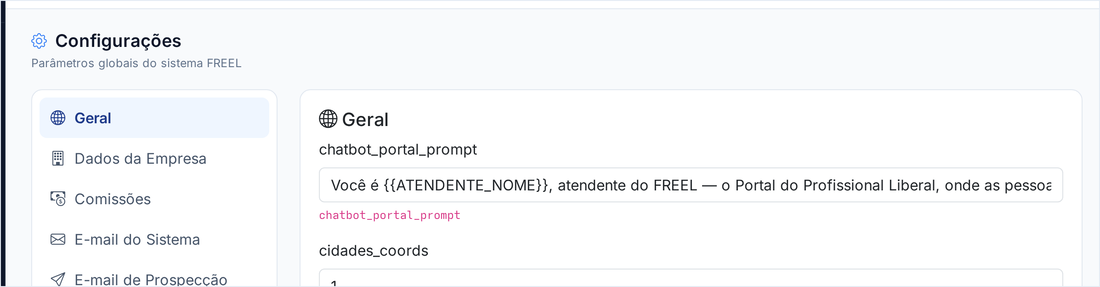 Tela Configurações com os parâmetros globais agrupados por assunto