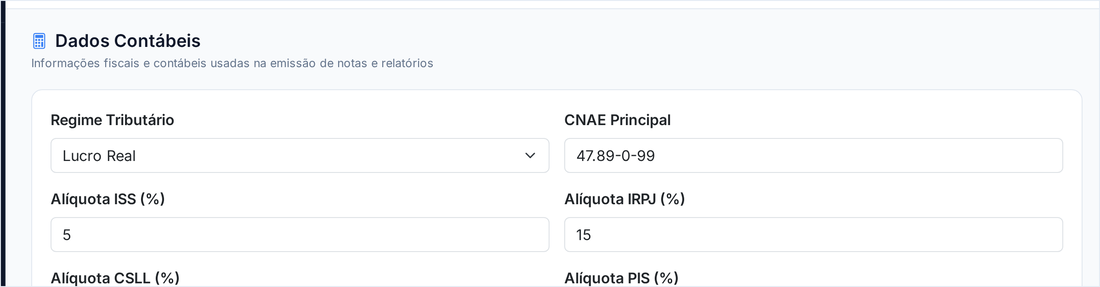 Tela Dados Contábeis com as informações fiscais usadas na emissão de notas