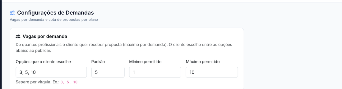 Tela Configurações de Demandas com as vagas por demanda e a cota de aceites por plano