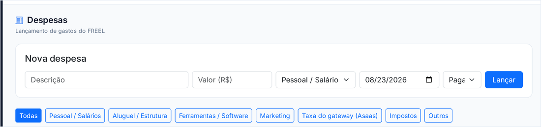 Tela Despesas com o formulário de nova despesa e as categorias