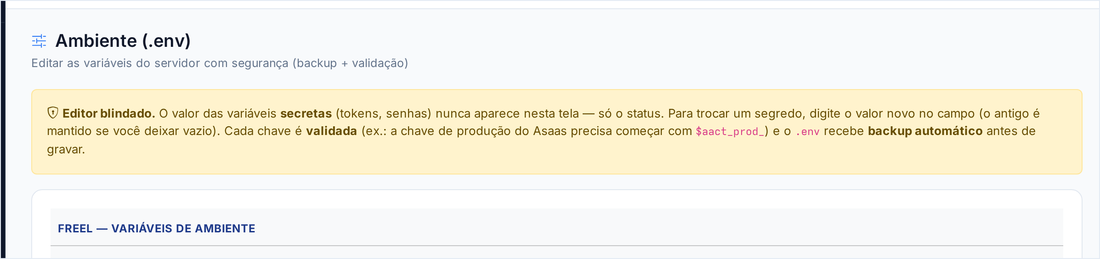 Tela Ambiente (.env) com o aviso de editor blindado: o valor dos segredos nunca aparece