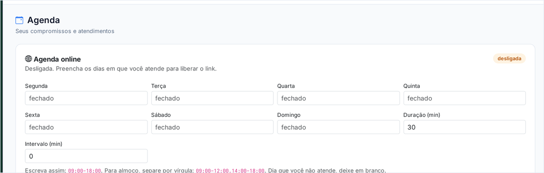 Tela Agenda com a agenda online desligada e os campos de horário de cada dia da semana