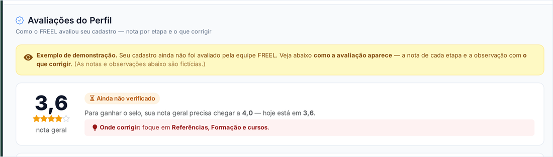 Tela Avaliação do Perfil com a nota geral e o aviso de quanto falta para o selo