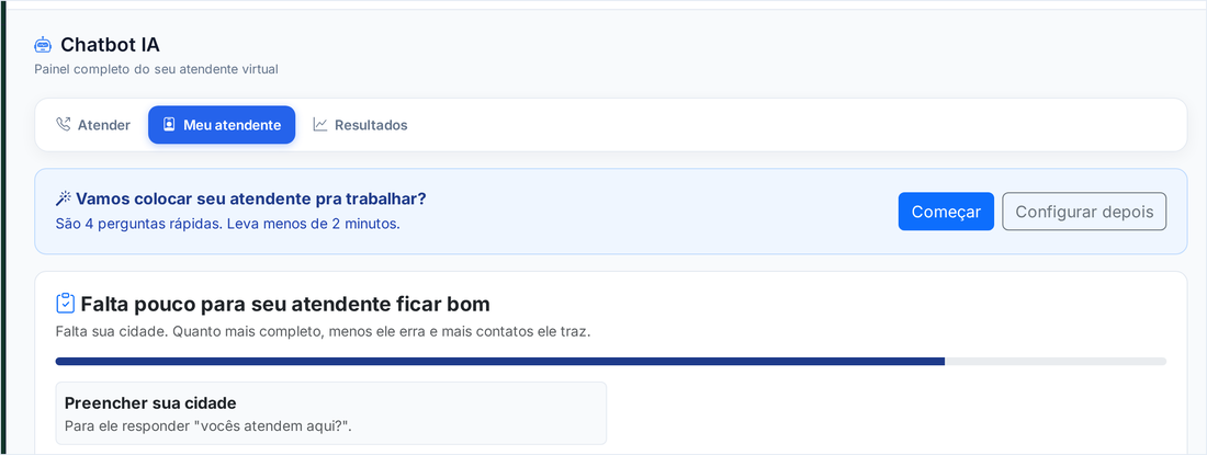 Tela Chatbot IA com as abas Atender, Meu atendente e Resultados, e a barra de quanto falta para o atendente ficar bom