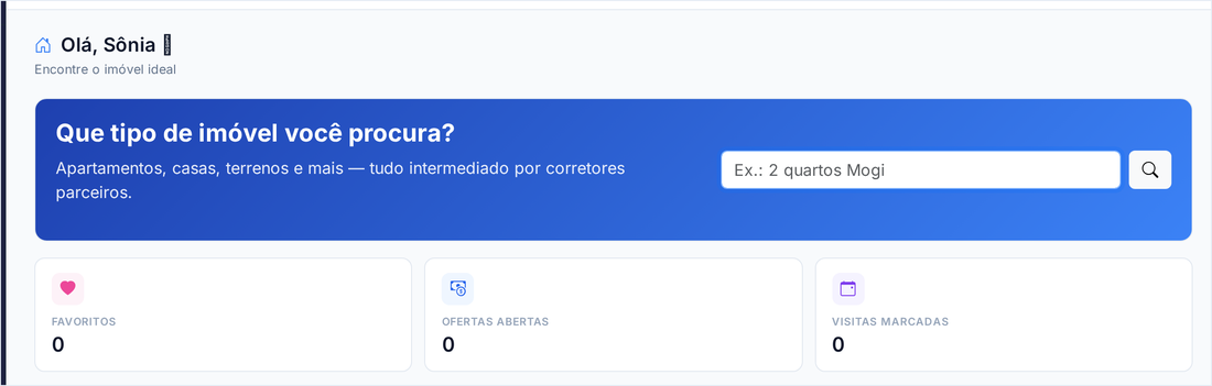 Painel do comprador com a busca por tipo de imóvel e os anúncios em destaque