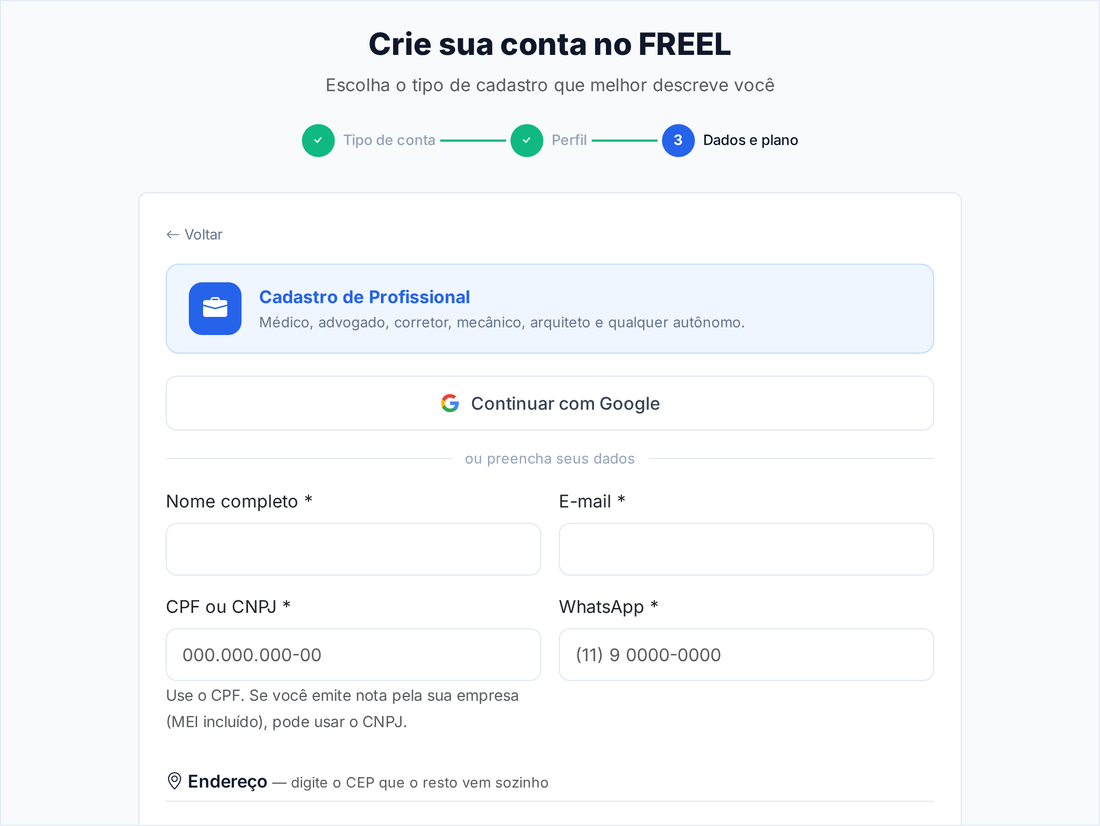 Segunda etapa do cadastro, com o botão Continuar com Google e os campos de nome, e-mail, CPF ou CNPJ e WhatsApp