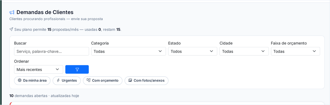 Tela Demandas de Clientes com a cota de propostas do mês, os filtros e os atalhos de urgentes e com orçamento