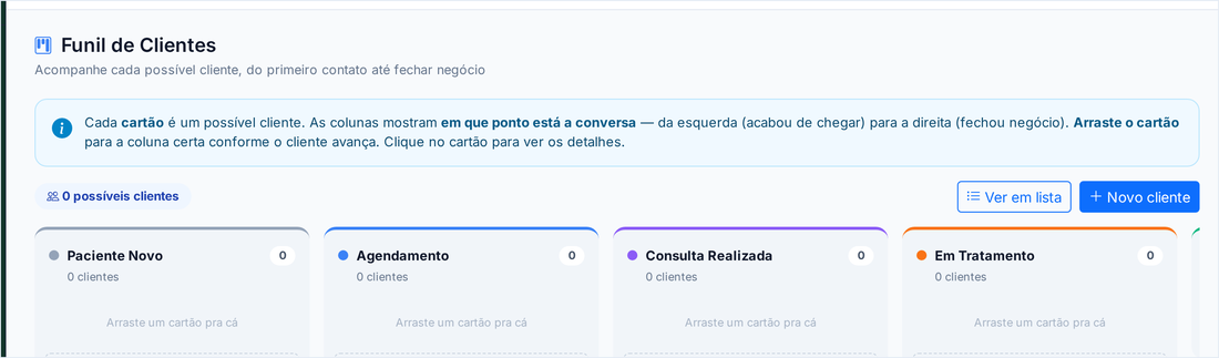 Tela Funil de Clientes com as colunas e o botão Novo cliente