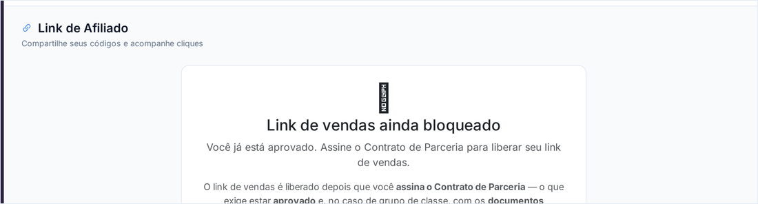 Tela Link de Afiliado com o aviso de que o link de vendas está bloqueado até a assinatura do Contrato de Parceria