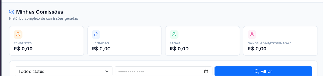 Tela Minhas Comissões com os totais de pendentes, liberadas, pagas e canceladas