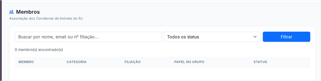 Tela Membros da entidade, com busca por nome, e-mail ou número de filiação