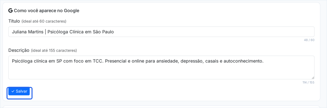 Tela Marketing & SEO com os campos Título e Descrição preenchidos e o botão Salvar destacado