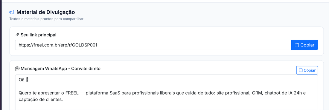 Tela Material de Divulgação com o link principal e a mensagem pronta de convite pelo WhatsApp