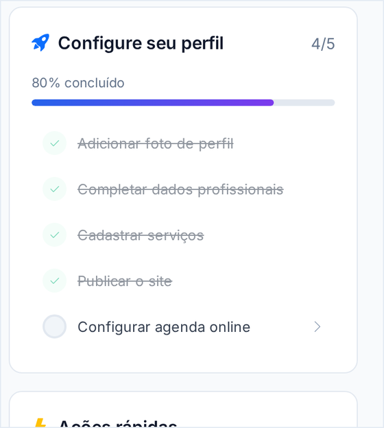 Bloco Configure seu perfil, com a barra de progresso e a lista de tarefas concluídas e pendentes