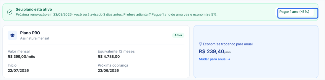 Tela Minha Assinatura com a faixa de plano ativo e o botão Pagar 1 ano destacado