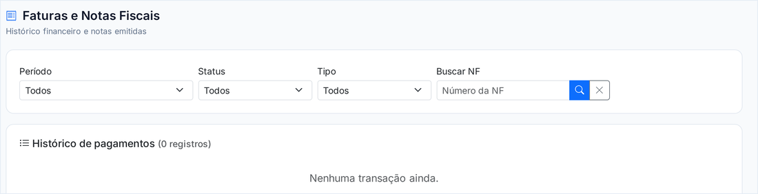 Tela Faturas e Notas Fiscais com os filtros de período, status e tipo e o histórico de pagamentos