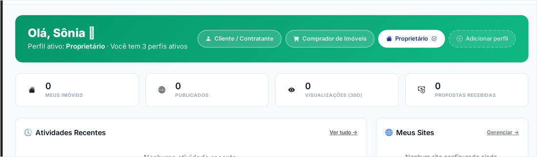 Painel do proprietário com os imóveis cadastrados e a situação de cada um