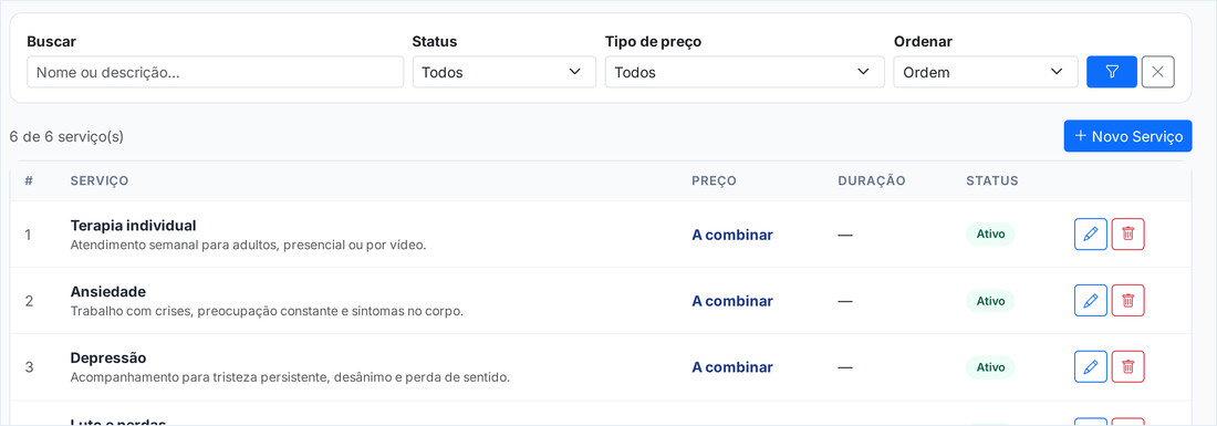 Tela Meus Serviços com a lista de serviços, a coluna Preço e o botão Novo Serviço