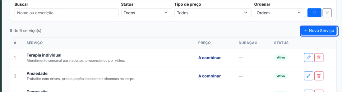 Tela Meus Serviços com a lista de serviços e o botão Novo Serviço destacado