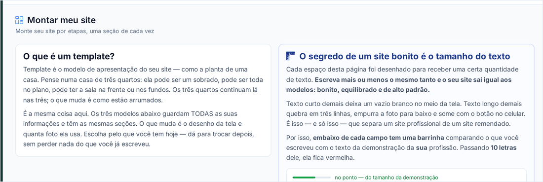 Tela Montar meu site, com a explicação do que é um template e a régua do tamanho do texto