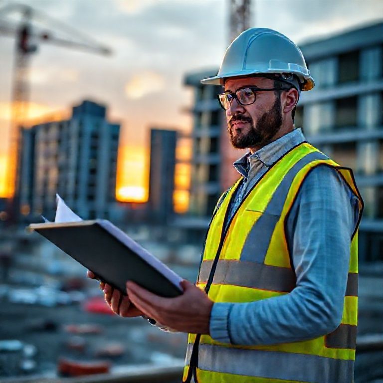 Engenheiro em obra com tablet