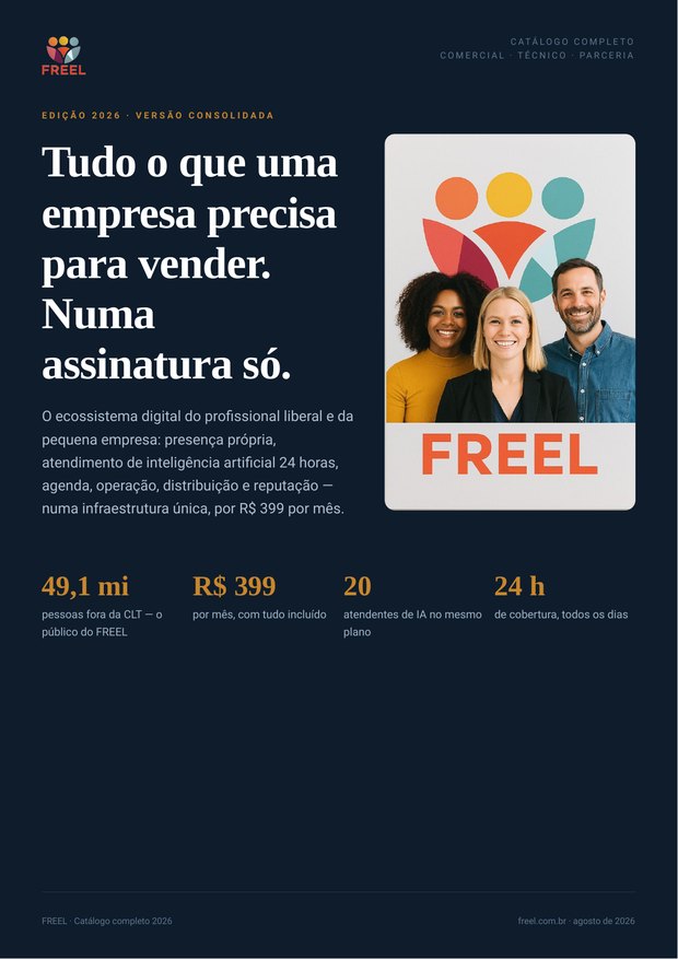 Capa do catálogo completo do FREEL: “Tudo o que uma empresa precisa para vender. Numa assinatura só.”