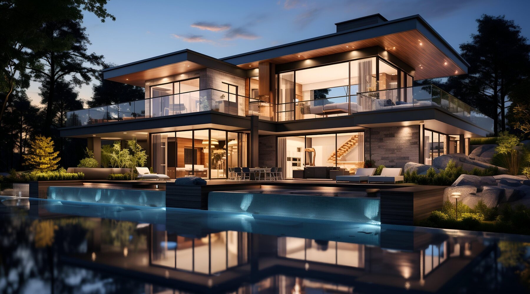 Casa moderna com piscina ao entardecer