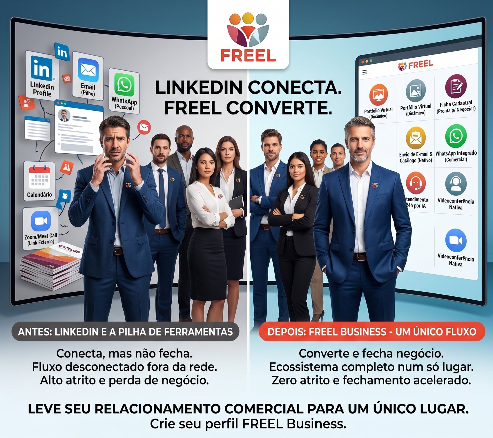 Antes: profissional sobrecarregado com telas espalhadas de e-mail, WhatsApp, Zoom e calendário. Depois: equipe executiva com dashboard único FREEL Business reunindo portfólio, atendimento, videoconferência e proposta em um só lugar.