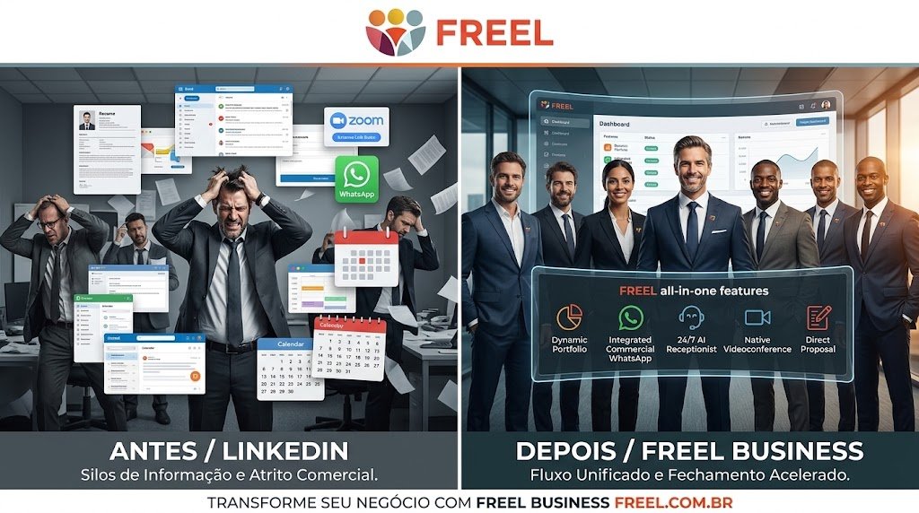 LinkedIn conecta mas não fecha negócio: fluxo desconectado fora da rede, alto atrito e perda de negócio. FREEL converte e fecha negócio: ecossistema completo num só lugar, zero atrito, fechamento acelerado.